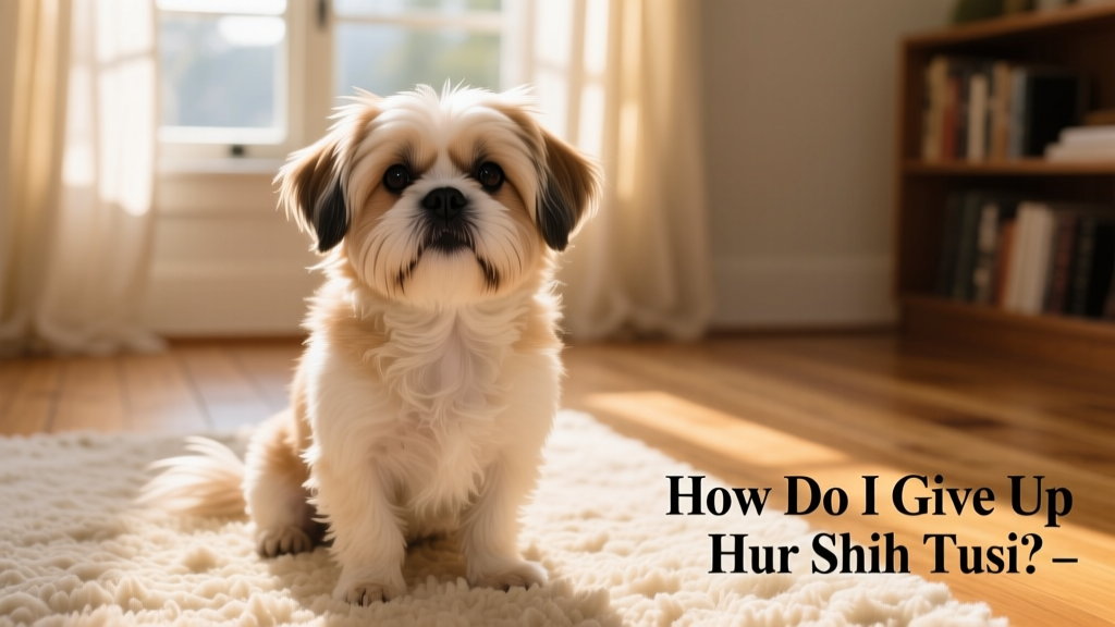 A gentle close-up of a calm Shih Tzu looking into the camera, sitting on a soft rug in natural light