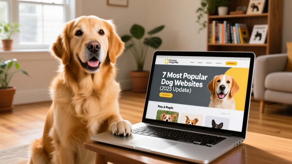 A joyful golden retriever sitting beside a laptop displaying a dog care website interface