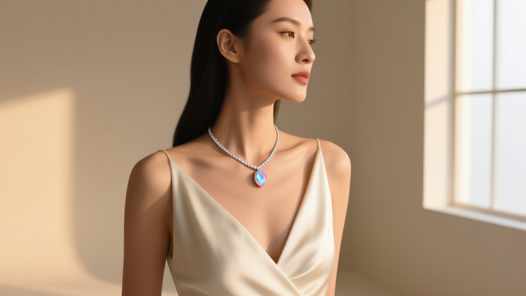 Woman wearing a dainty opal necklace on a white gold box chain, paired with a deep V-neck evening dress in soft, warm lighting.