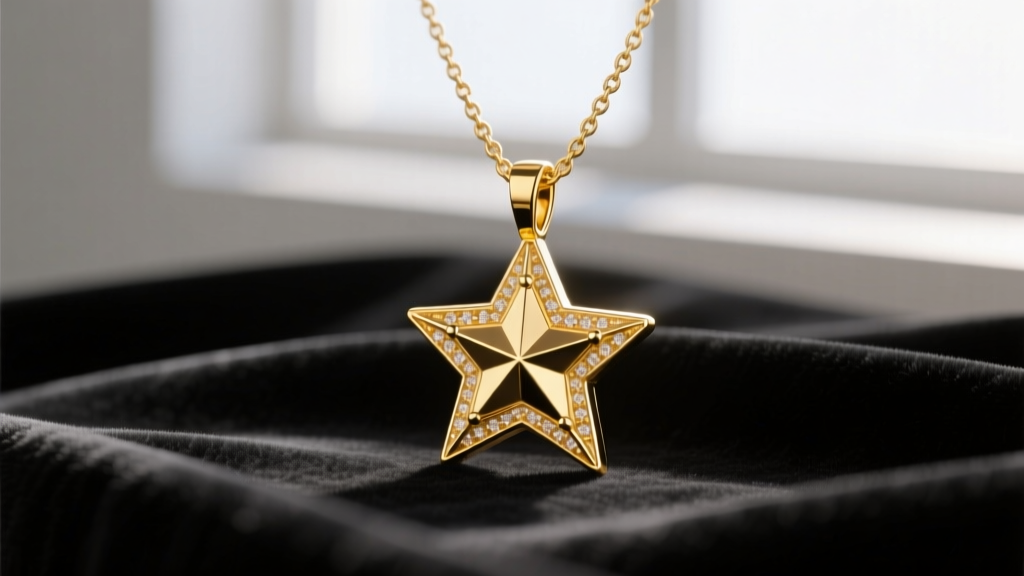 Macro photography of a 14k yellow gold star necklace men's chain, highlighting the clasp mechanism and polished metal texture.