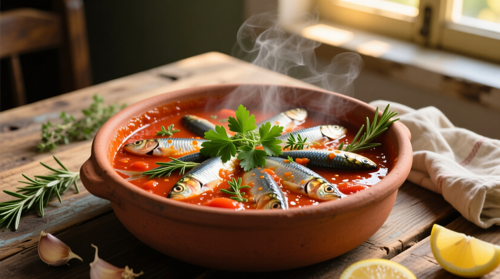 Sardines simmering in rich tomato sauce with fresh herbs