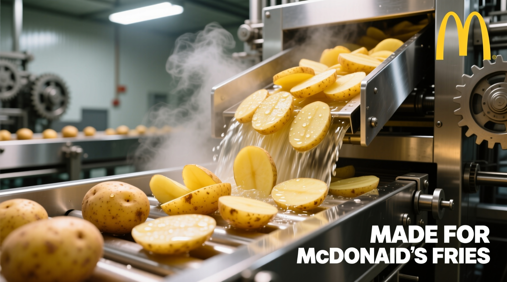 Fresh potatoes being processed for McDonald's fries
