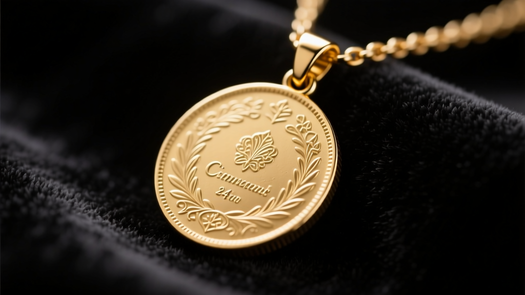 Macro shot of a gold-plated brass coin necklace pendant on dark velvet, showing stamped texture and precise edge milling details.