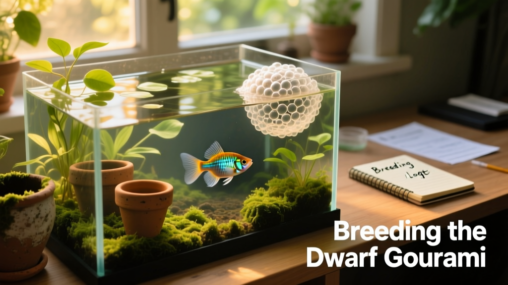 A dwarf gourami breeding tank with floating plants, clay pots, and a bubblenest forming at the surface