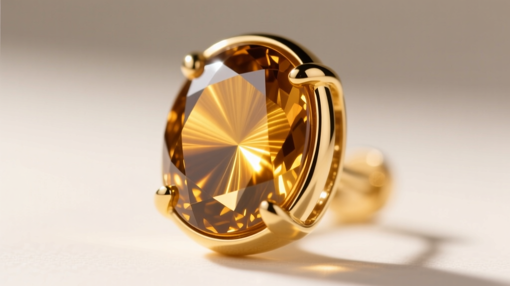 Macro shot of honey chrysoberyl cat eye cabochon in 18k gold bezel earring, showing sharp central chatoyant band under direct light.