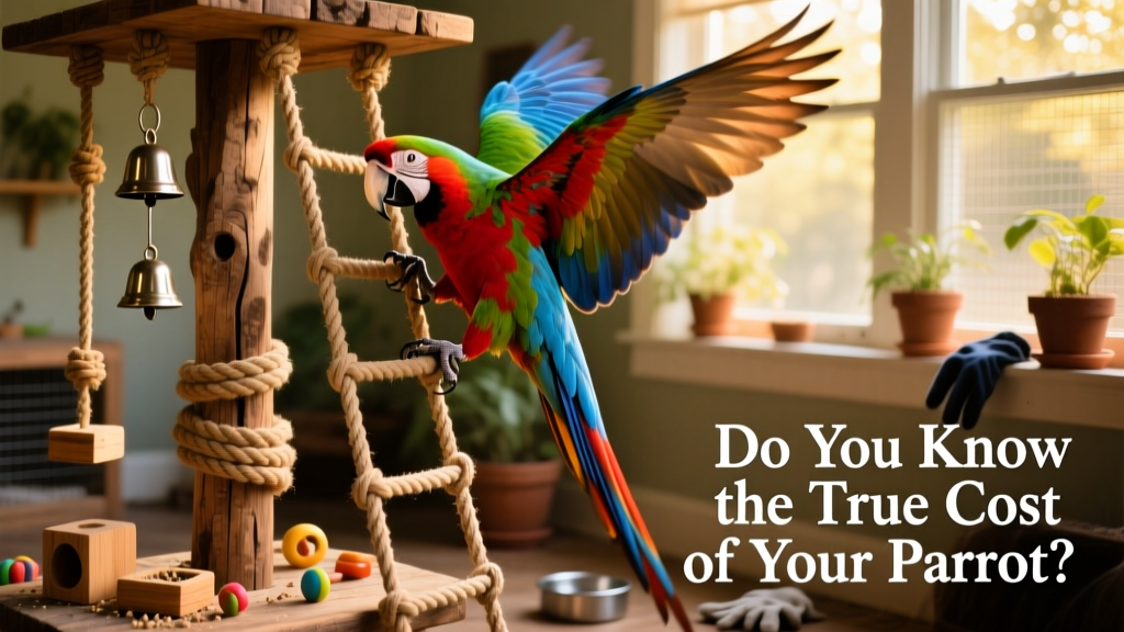 A colorful macaw climbing and playing on a sturdy wooden playstand with rope ladders, bells, and foraging toys nearby
