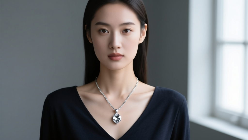 Portrait of a young woman wearing a 16-inch platinum pendant, showing perfect collarbone placement over a dark V-neck cotton top.
