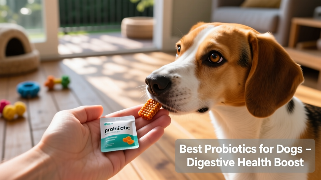 A hand placing a probiotic chew into an open palm while a curious dog sniffs nearby