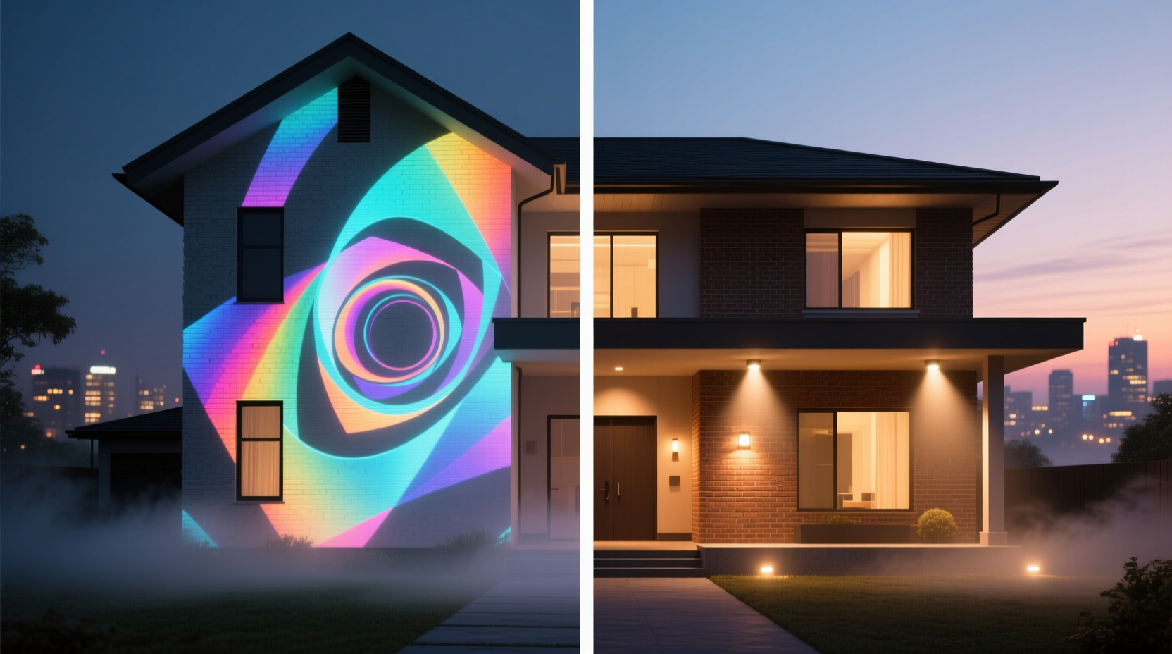 projection mapping on house vs physical lights which creates better depth