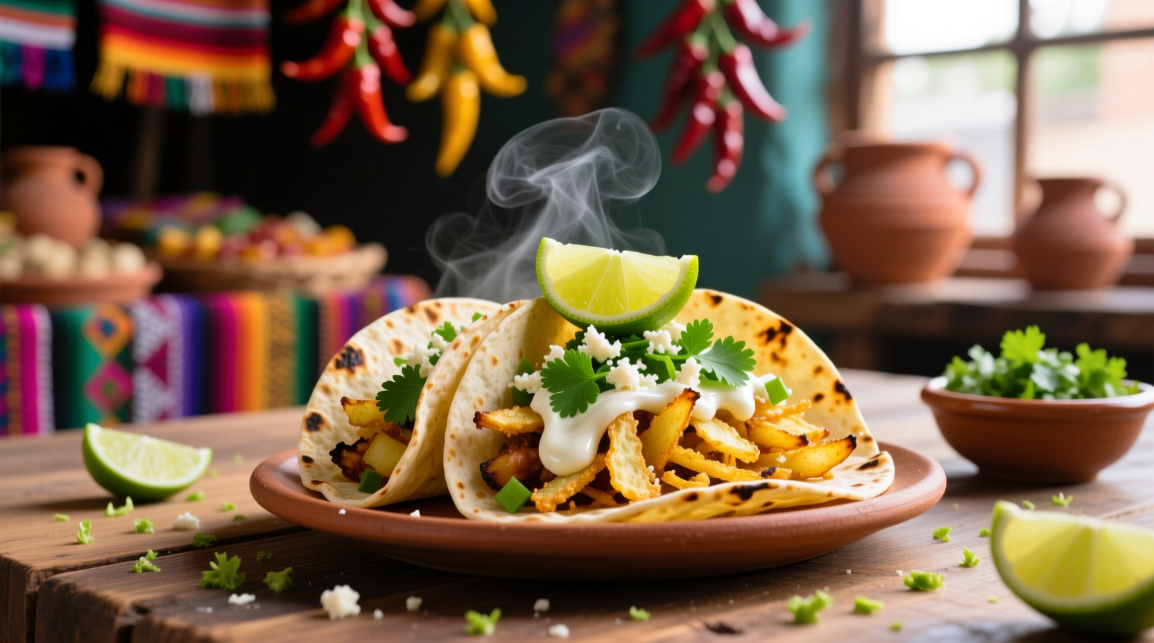 Freshly prepared potato tacos with cilantro and lime