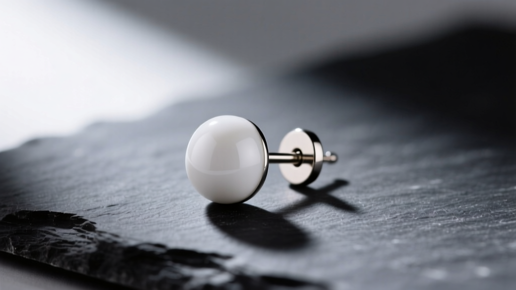 Close-up of a matte white ceramic bead stud earring on a titanium post, displayed on dark slate with soft directional lighting.