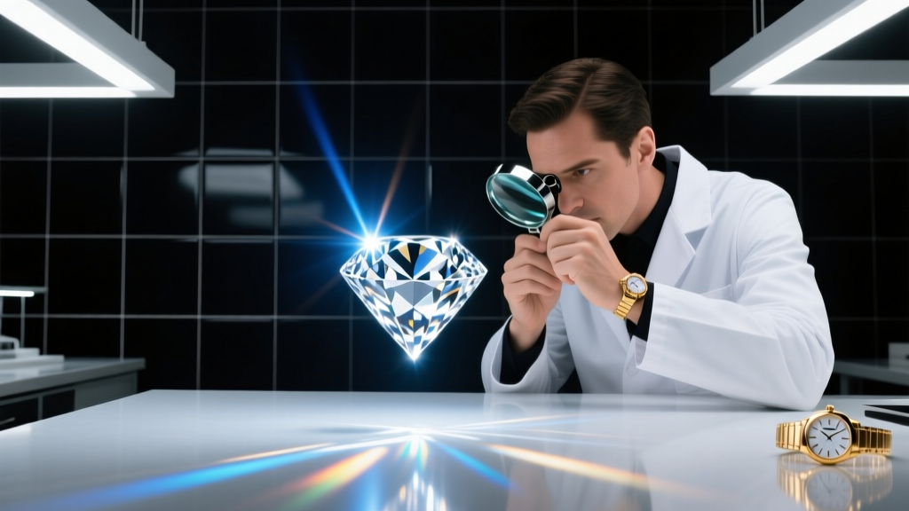 Jeweler using a loupe to inspect the clarity and laser-drill integrity of a floating diamond solitaire under bright LED lighting.