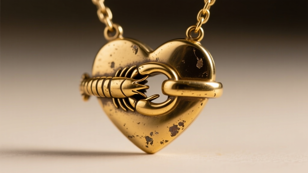 Close-up of a worn gold-plated brass lobster clasp on a budget heart necklace, showing slight brass discoloration at the joint.