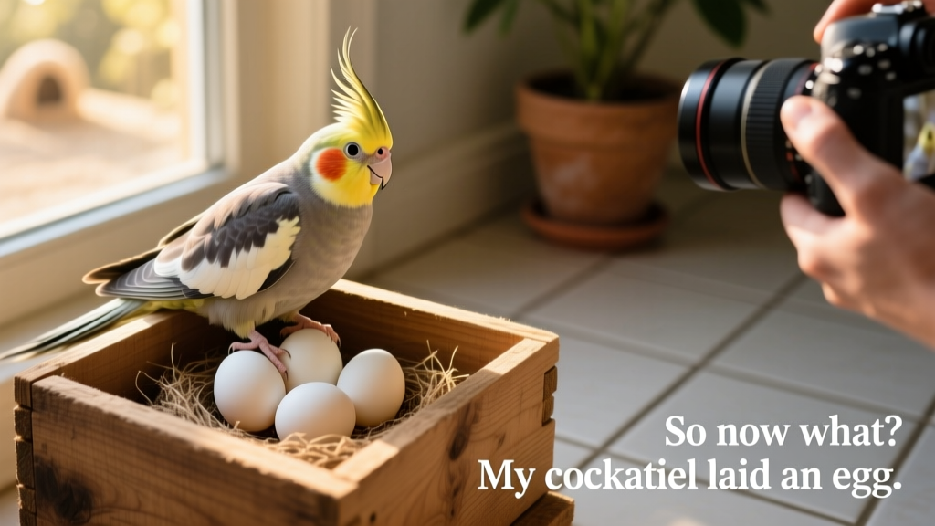 Cockatiel sitting calmly on a small clutch of white eggs in a nesting box