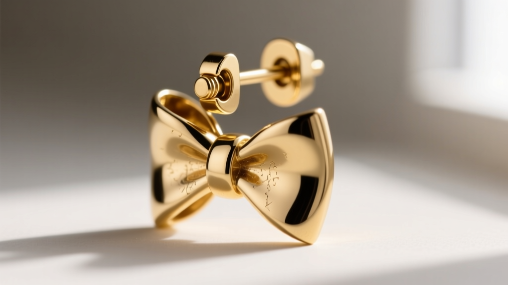 Macro shot of a gold-tone metal bow earring clasp and post, highlighting the friction back and smooth polished brass finish