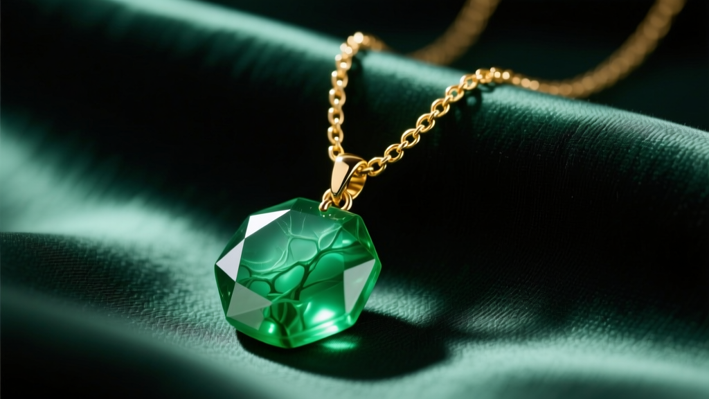 Macro shot of a gold-tone chain necklace featuring a large, translucent green epoxy resin pendant resting on dark emerald silk.