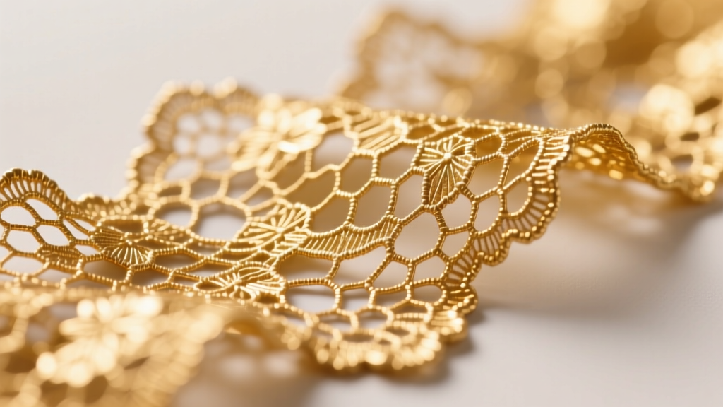 Close-up of electroformed real cotton lace dipped in 24k gold, showing organic fabric texture preserved in metal, soft warm glow