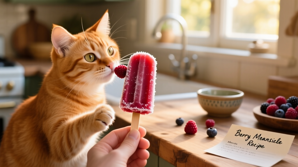 A curious cat gently sniffing a berry meowsicle held in a human hand