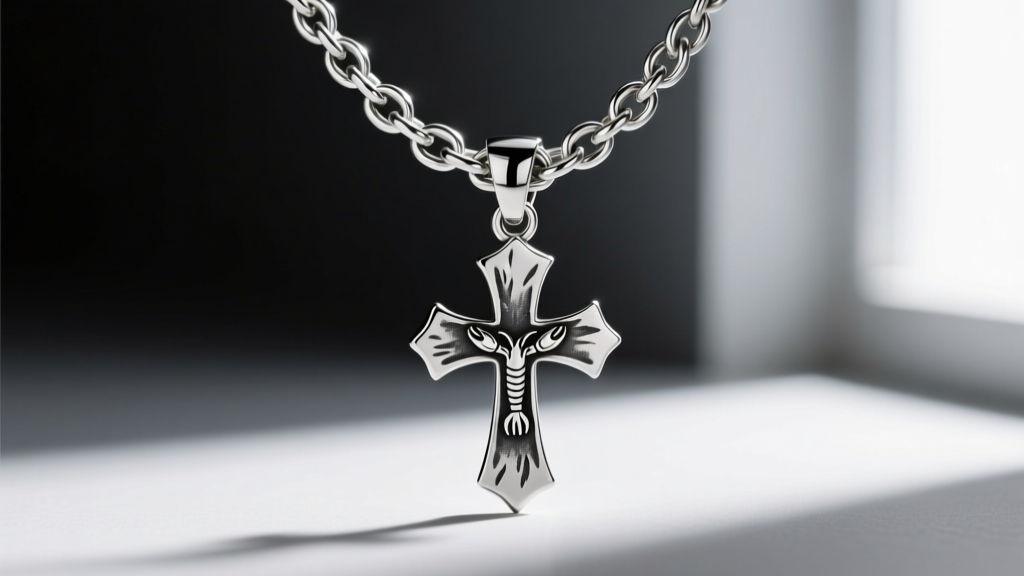 Close view of a heavy 4mm sterling silver rolo chain and lobster clasp attached to a rugged western mens silver cross pendant.