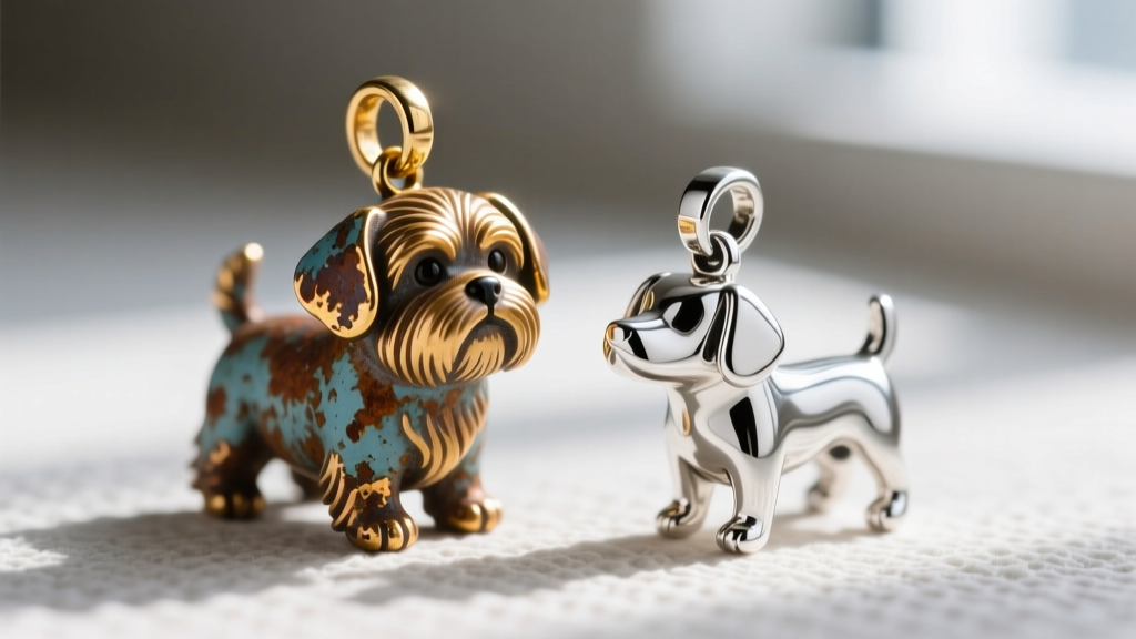 Macro view of a tarnished zinc Shih Tzu charm with peeling gold beside a pristine rhodium-plated sterling silver dog breed charm