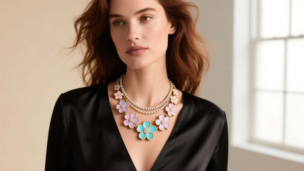 Woman wearing a layered Stella and Dot flower necklace over a black V-neck silk blouse, soft studio lighting on the collarbone.