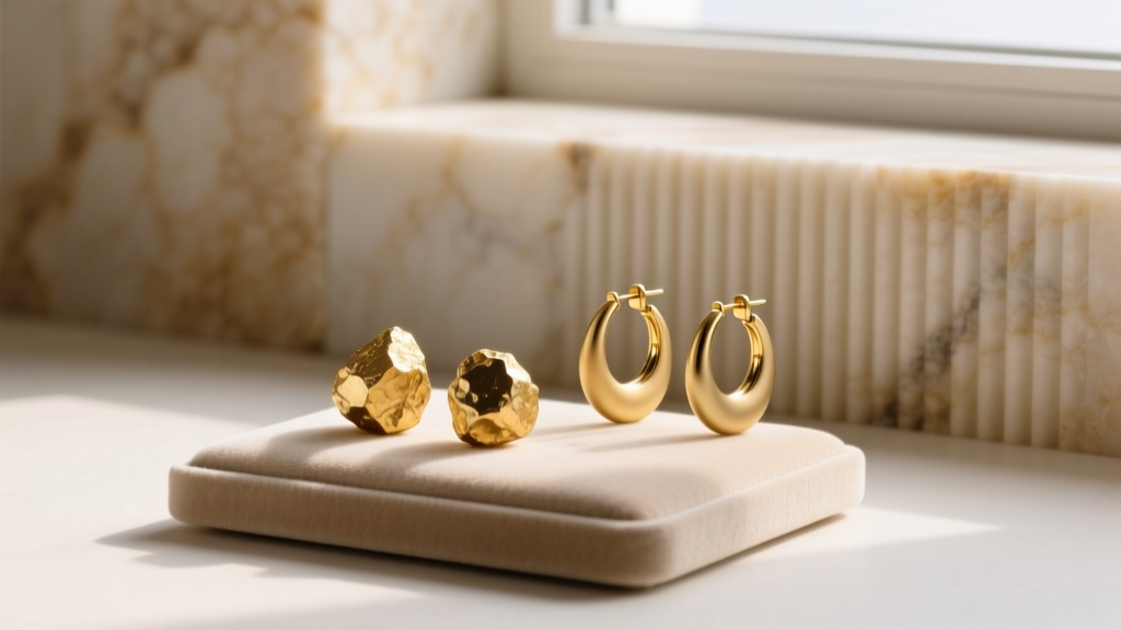 Minimalist display stand featuring raw gold nugget earrings and matte 14k hoops, set against a ribbed travertine stone backdrop.