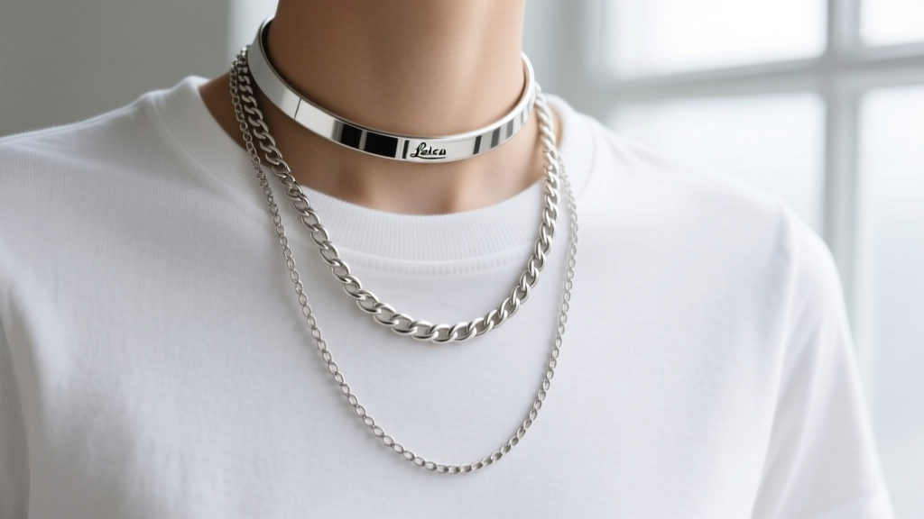 Close-up of layered sterling silver necklaces featuring a 16-inch choker and 20-inch matinee chain over a white crew neck tee.