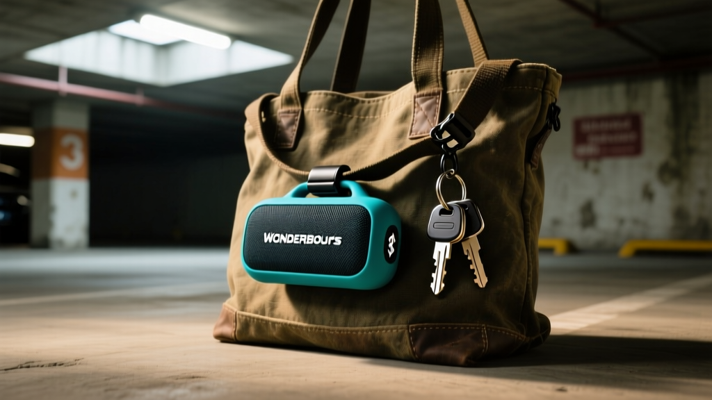 Rugged Ultimate Ears WONDERBOOM 3 Bluetooth speaker clipped to a canvas tote bag strap next to car keys in a dimly lit parking garage