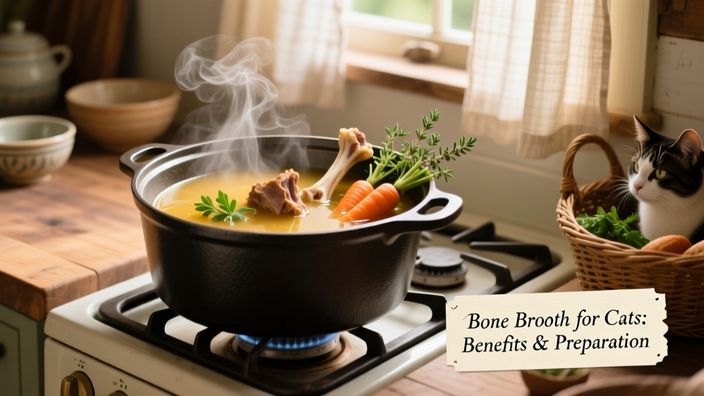 Simmering pot of bone broth with turkey bones, carrots, and herbs on a stovetop