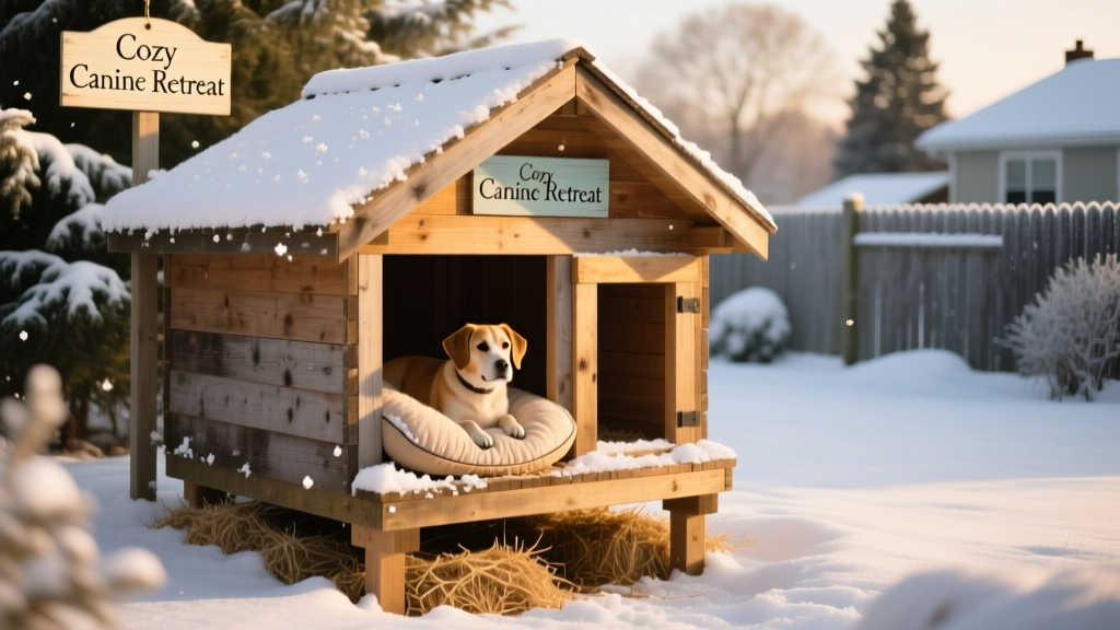 A cozy, elevated dog house with straw bedding nestled in a snowy backyard