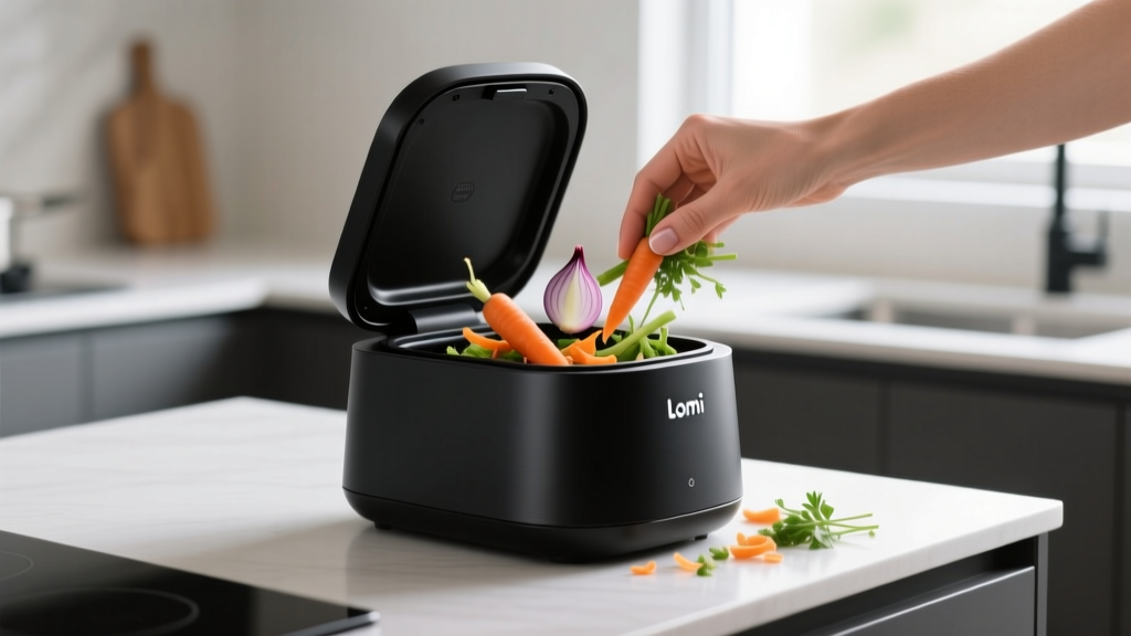 Close-up of a matte black Lomi smart composter on a modern kitchen counter with a hand pouring vegetable scraps into the lid opening