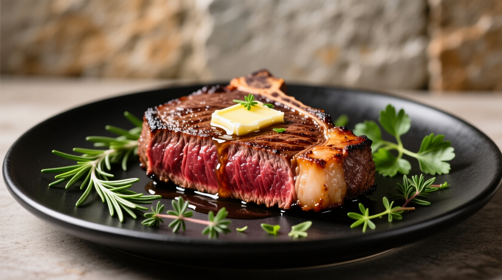 Perfectly seared deer steak with herb garnish
