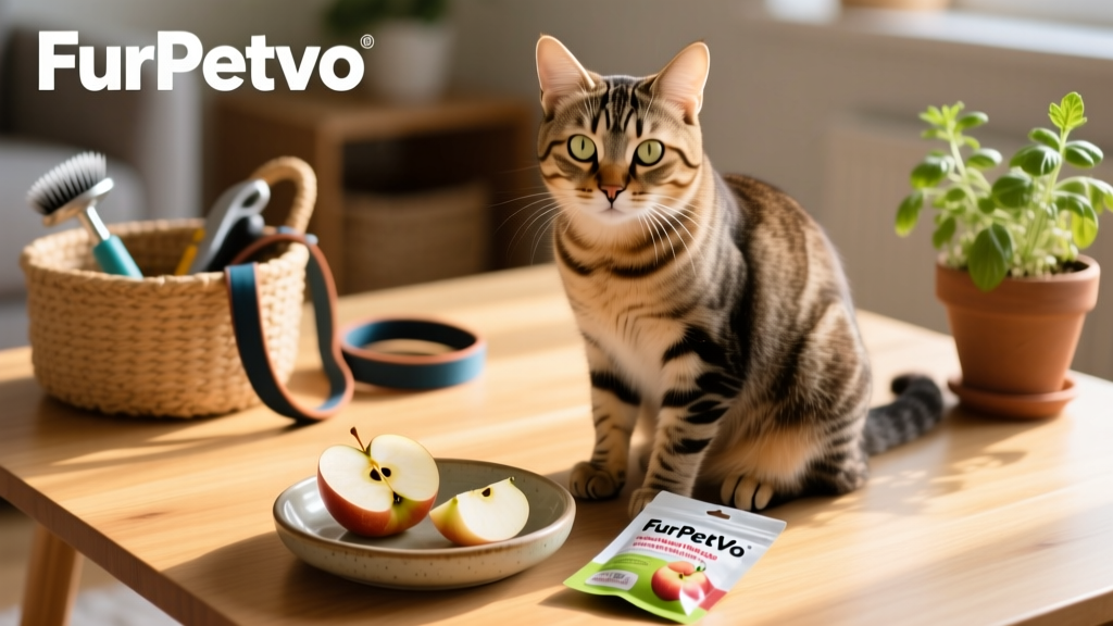 A healthy adult cat sitting beside a small dish with two apple cubes and a FurPetVo treat pouch