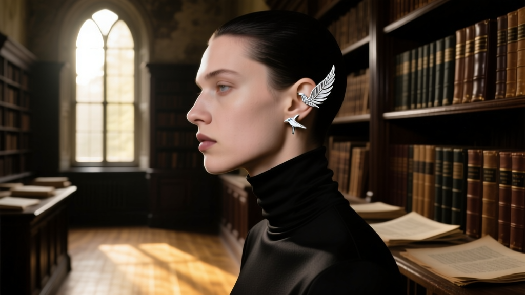 Side profile of a person wearing a black turtleneck and a delicate crow ear cuff, soft window lighting, dark academia aesthetic.