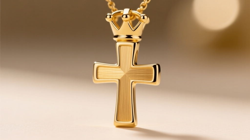 Macro shot of 14k yellow gold cross crown pendant with brushed finish, showing contrast of polished edges and matte center