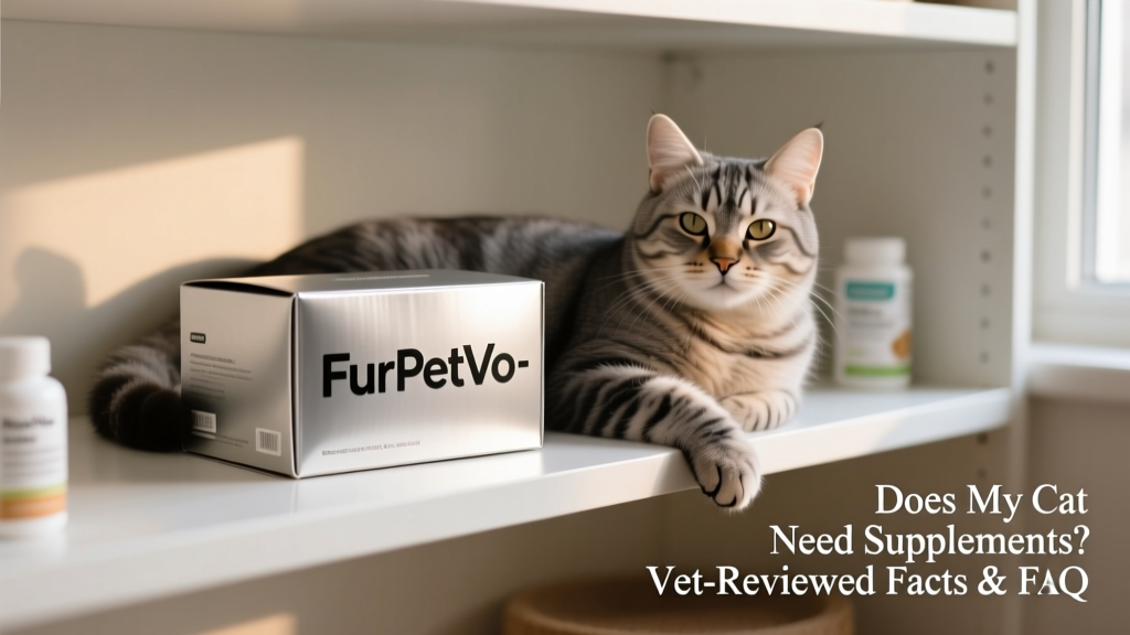 Happy cat lounging near a FurPetVo-branded supplement storage box on a clean shelf