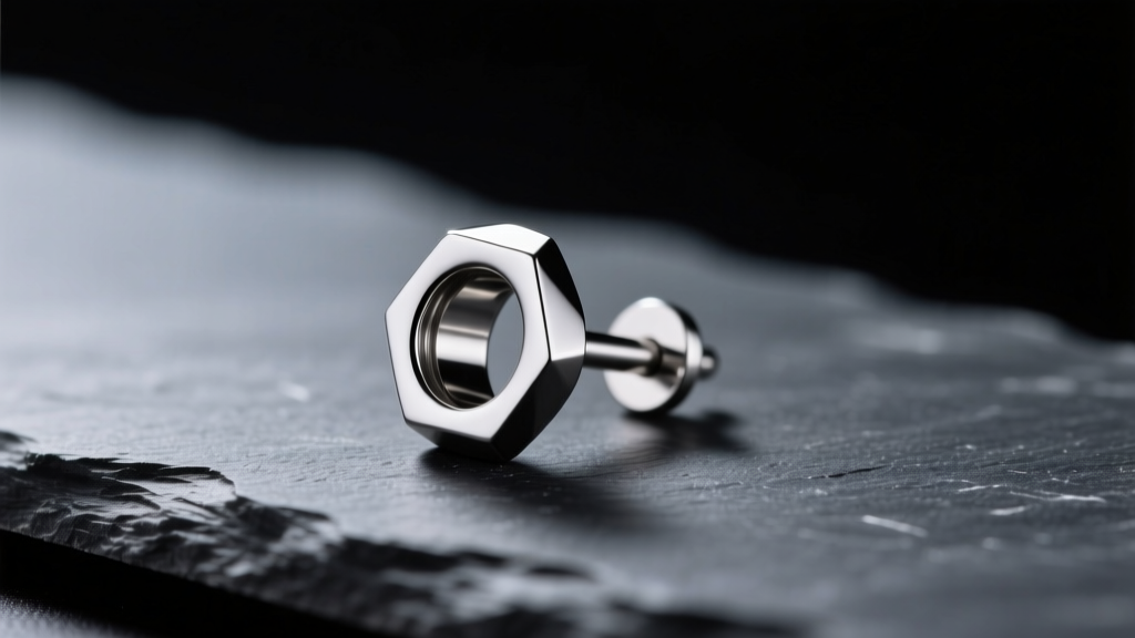Macro photography of an ASTM F136 titanium flat back labret earring resting on dark slate with soft directional lighting