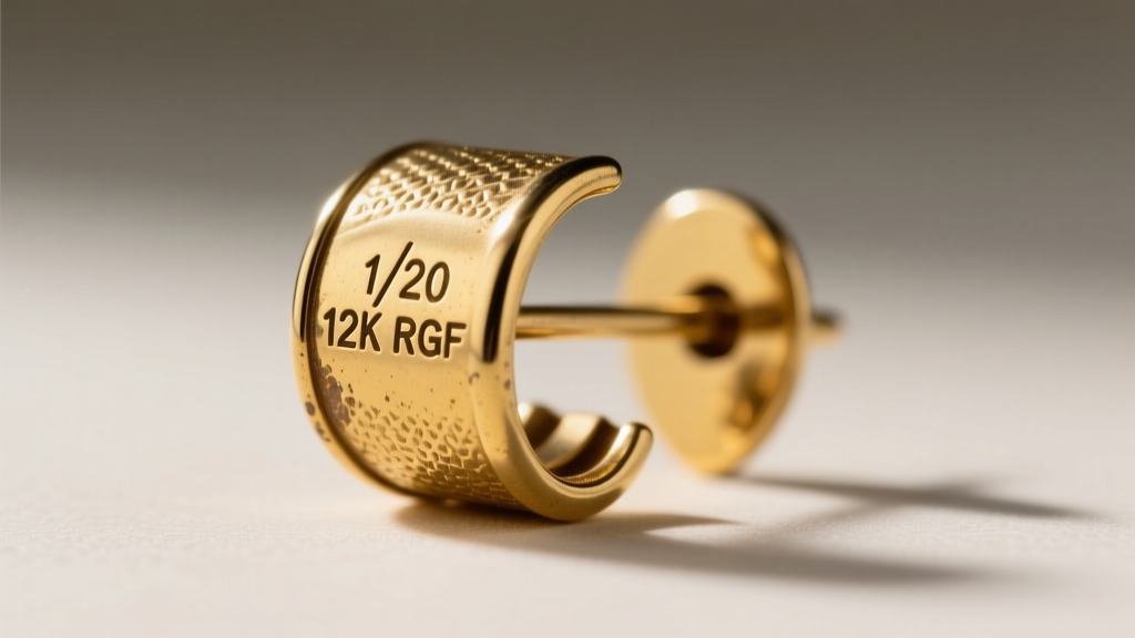 Macro photography of a 1950s rolled gold earring hallmark stamped 1/20 12K RGF on the back of a textured metal clip-on paddle.
