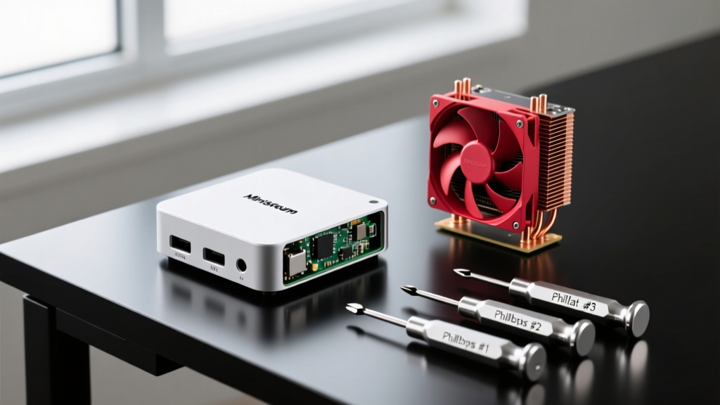 A sleek desk featuring a disassembled Minisforum UM790 Pro mini PC, a Raspberry Pi 5 active cooler, and precision screwdrivers.