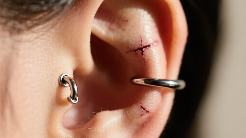 Close-up of a healed daith piercing wearing a 16-gauge 316L stainless steel clicker hoop with seamless hinge, soft natural lighting.