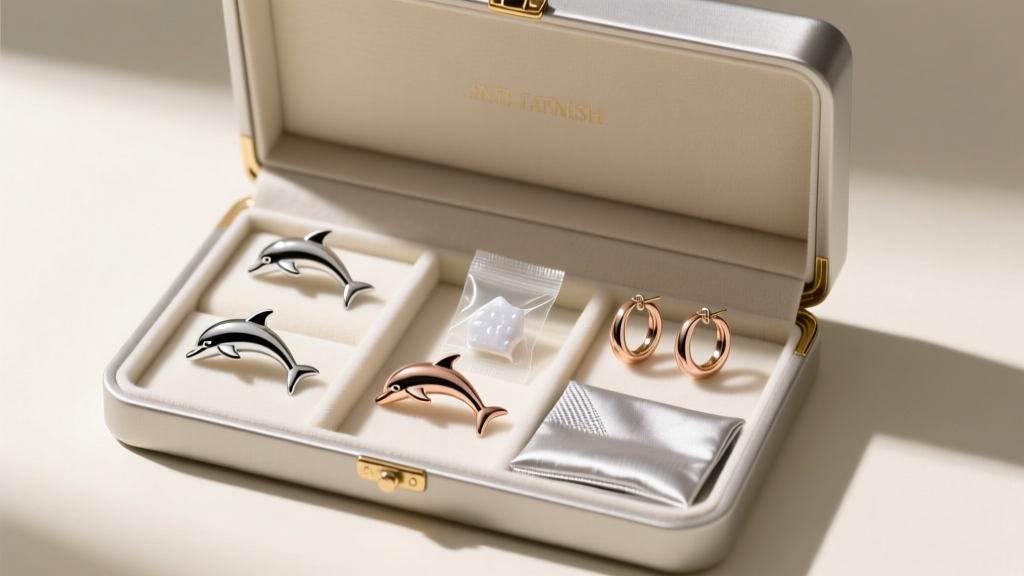 Open anti-tarnish jewelry box displaying organized dolphin hoop earrings alongside small silica packets and a silver cloth.