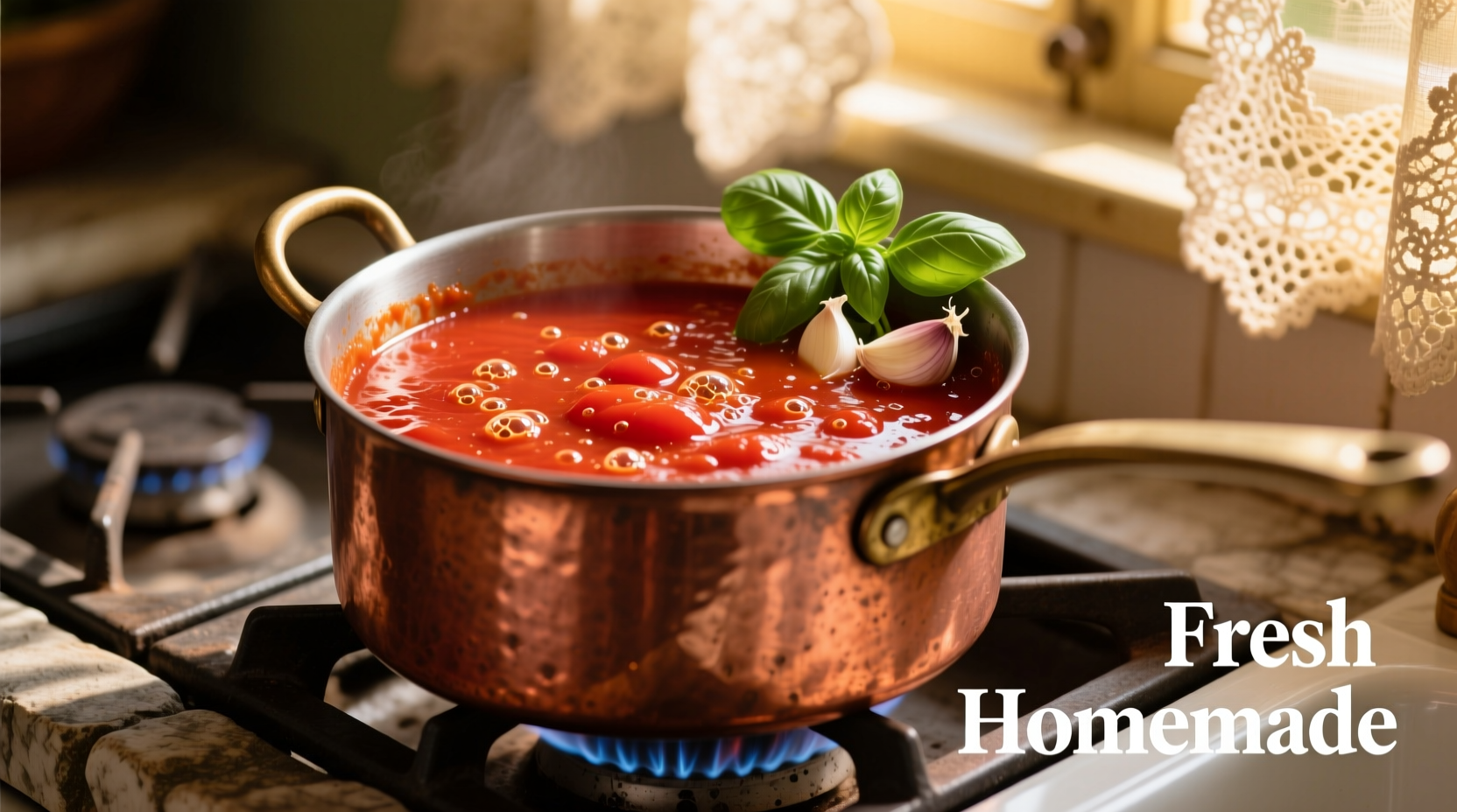 Fresh homemade tomato sauce in copper pot