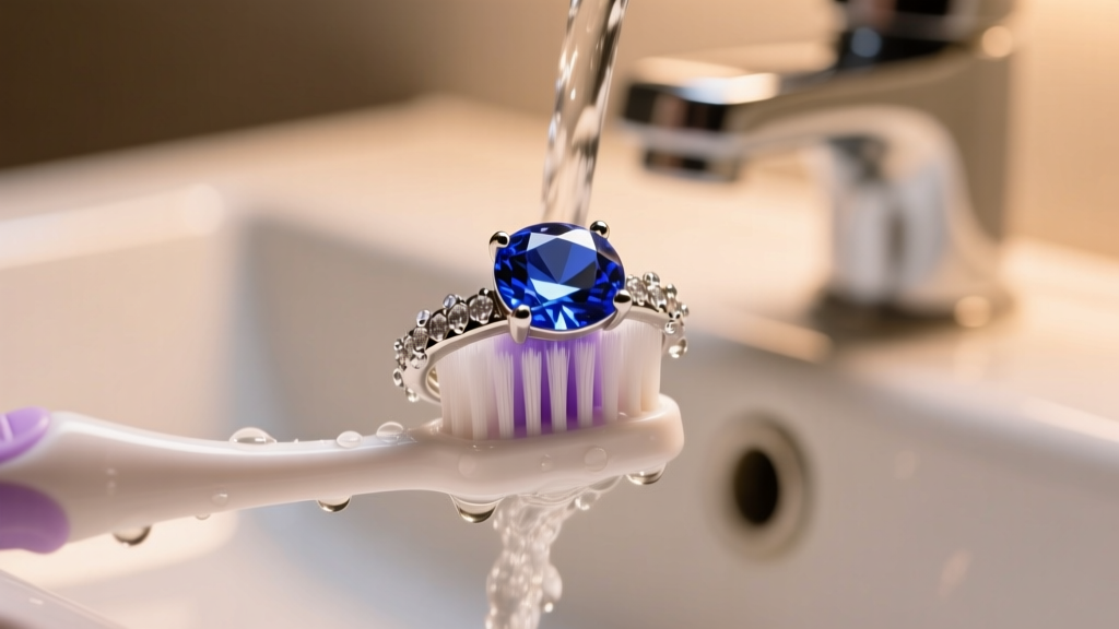 Macro close-up of a soft baby toothbrush gently scrubbing the pavilion of a platinum sapphire ring under warm running tap water