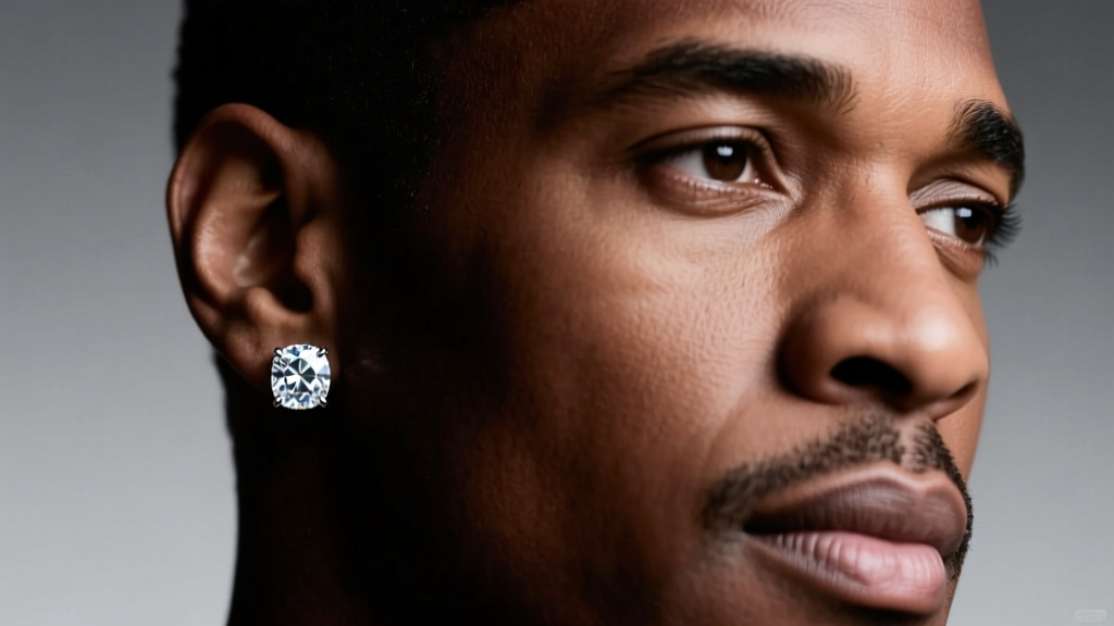 Close-up of a man wearing a 4-carat iced-out diamond stud earring in his left lobe, studio lighting highlighting stone facets