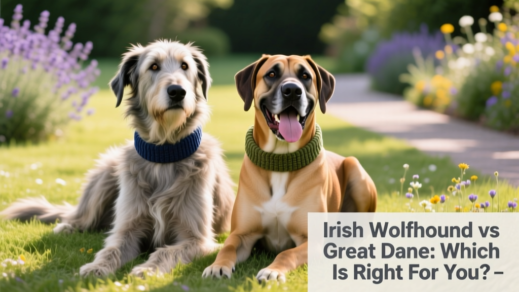 A relaxed Irish Wolfhound and a smiling Great Dane sitting side by side on a grassy lawn, both wearing soft collars