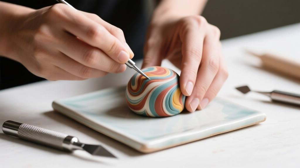 Close-up of artisan hands shaping marbled polymer clay on a ceramic tile, with stainless steel crafting tools resting nearby.