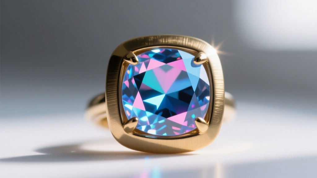 Close-up of an aurora borealis rhinestone in a brass setting showing iridescent blue and pink light refraction under a macro lens.
