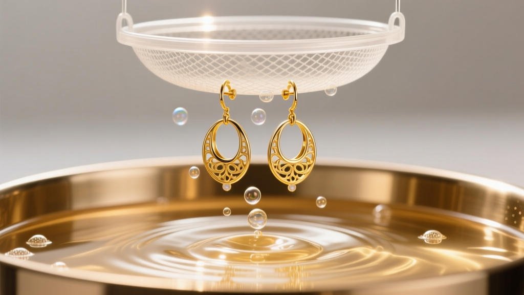 Mesh ultrasonic basket holding gold safety back earring clutches with gentle bubbles rising in the warm jewelry cleaning solution