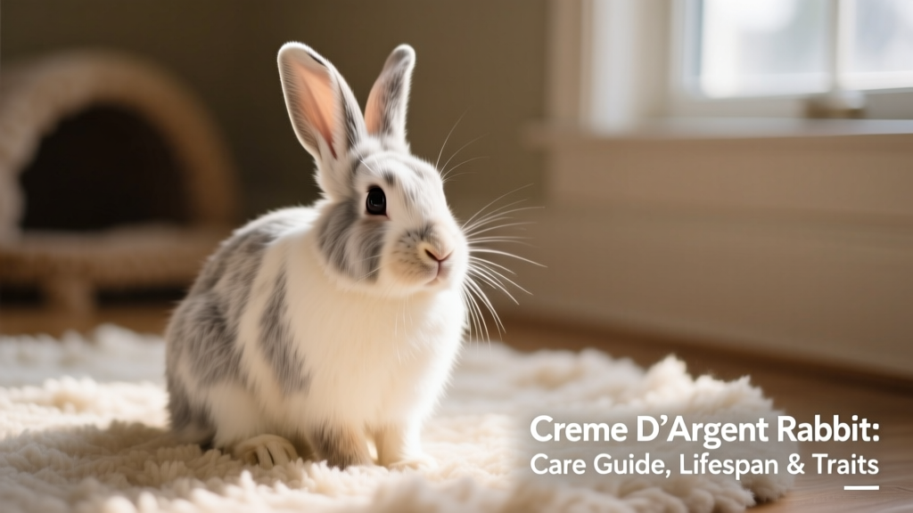 A healthy adult Creme D'Argent rabbit sitting calmly on a soft rug, showcasing its distinctive silver-tipped cream fur and expressive dark eyes