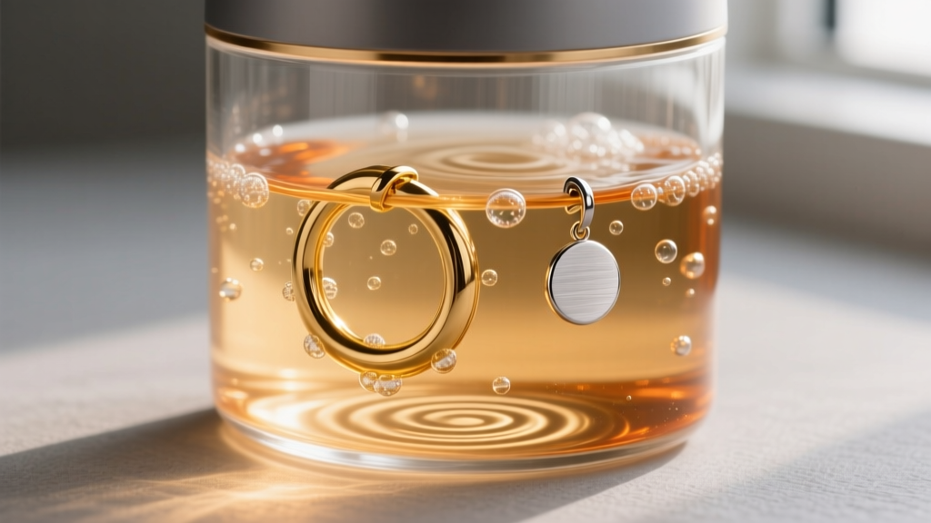 Ultrasonic jewelry cleaner filled with warm soapy water, showing a 14k gold huggie hoop and a titanium flat-back earring submerged.